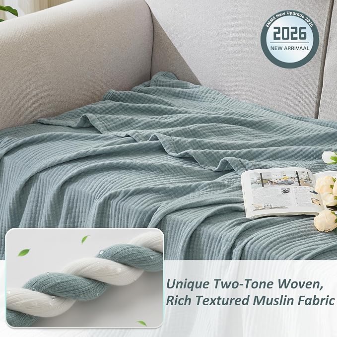 EMME Cotton Muslin Queen Blanket Bed Layering Bedspread Coverlet Breathable Gauze Soft Lightweight (Heather Teal, 90"x90")