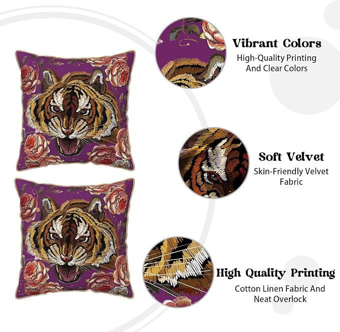 Tiger Flower Purple Velvet Pillow Covers 18x18 Inch Pink Floral Animal Throw Pillows for Couch Cushion Covers Pillowcase Farmhouse Modern Pillow Cases for Sofa Bed Living Room Bedroom