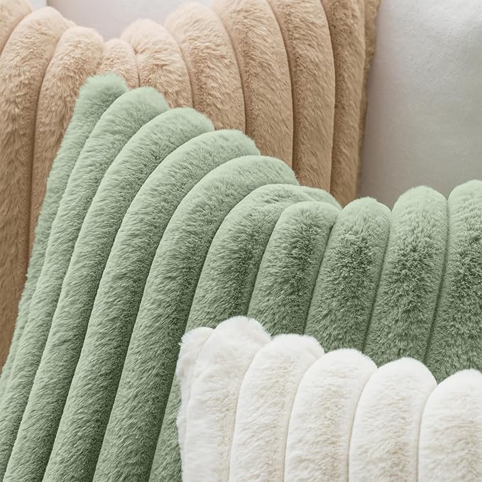MIULEE Faux Fur Decorative Throw Pillow Covers 20x20 Set of 2 Sage Green | Modern Soft Plush Couch Pillows, Cozy Fluffy Cushion Covers for Sofa Bed Living Room Home Decor