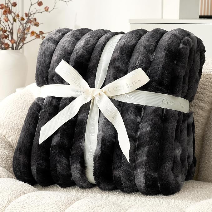 Cozy Bliss Faux Fur Throw Blanket for Couch, Cozy Warm Plush Striped Blanket for Sofa Bedroom Living Room, 50 * 60 Inches Tie-dye Black