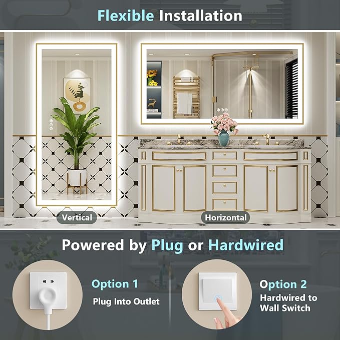 84x32 Gold LED Bathroom Mirror with Lights, Brushed Gold Framed Backlit and Front Lit Anti-Fog Lighted Vanity Mirrors for Bathroom Wall, Dimmable, 3 Colors, Memory, HD Tempered Glass, CRI＞90