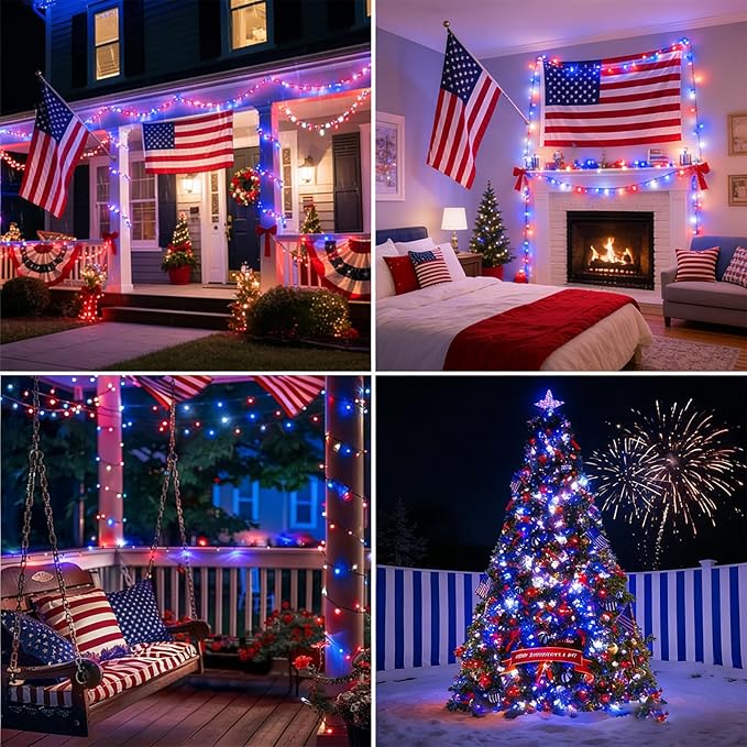 LAMPHOME 33ft Red White Blue String Lights, 100 LED 4th of July Patriotic Fairy Lights Plug in, 16 Lighting Modes Starry Lights for Outdoor Tree Independence Day Memorial Day Party Decor