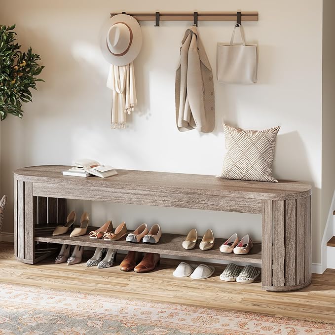 Tribesigns 63" Wooden Entryway Bench with Shoe Storage, Long 2-Tier Narrow Shoe Bench with Arc Vertical Slat Splicing Legs, End of Bed Stool for Bedroom, Entrance, Living Room (Beige Gray)