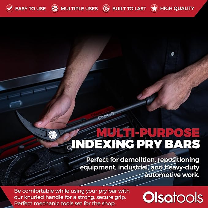 Olsa Tools 2pc Indexing Pry Bar | Heavy Duty 10 and 20 inch Indexable Prybars | Indexing Pry Bar Set for Mechanics | Automotive Pry Bar | Premium Tools for Professional Mechanics | Professional Grade