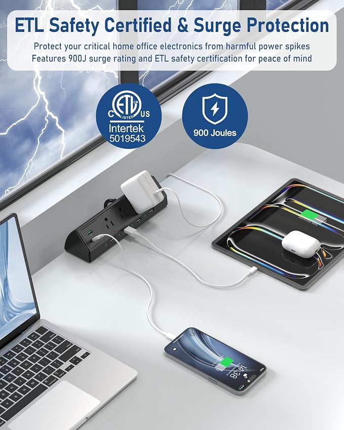 Jgstkcity 90W Desk Clamp Power Strip,12 USB Ports (6 PD 45W USB-C),Surge Protector,ETL Listed Power Hub Extension Cord,Fast Charging Station for Home Office Desk Edge Mount (Black,12 USB-90W)