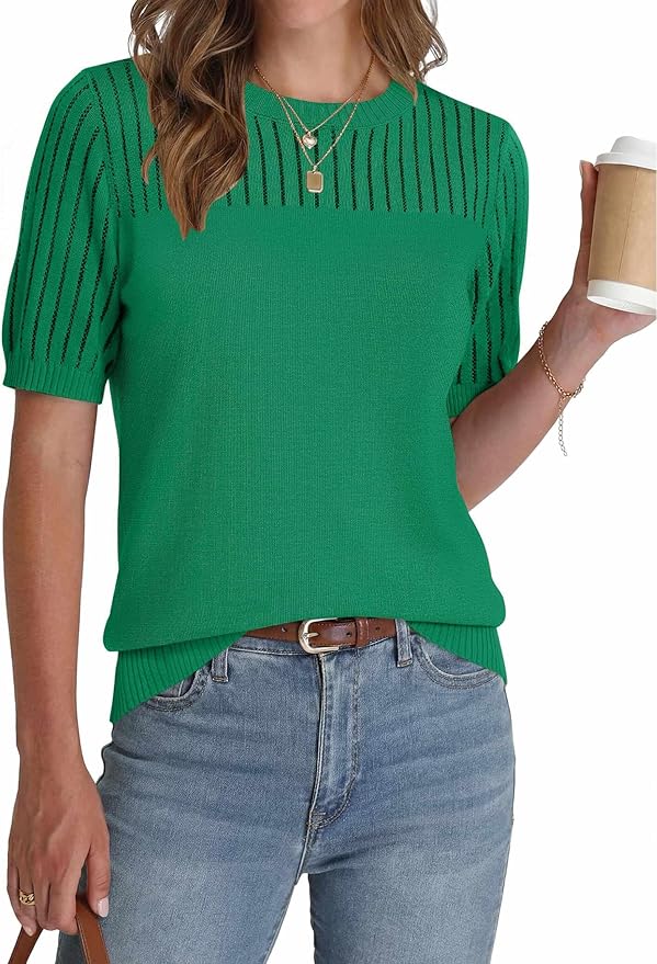Zeagoo Women's Short Sleeve Sweater Tops 2026 Spring Summer Crew Neck Hollow Out Blouses Dressy Business Casual Outfits