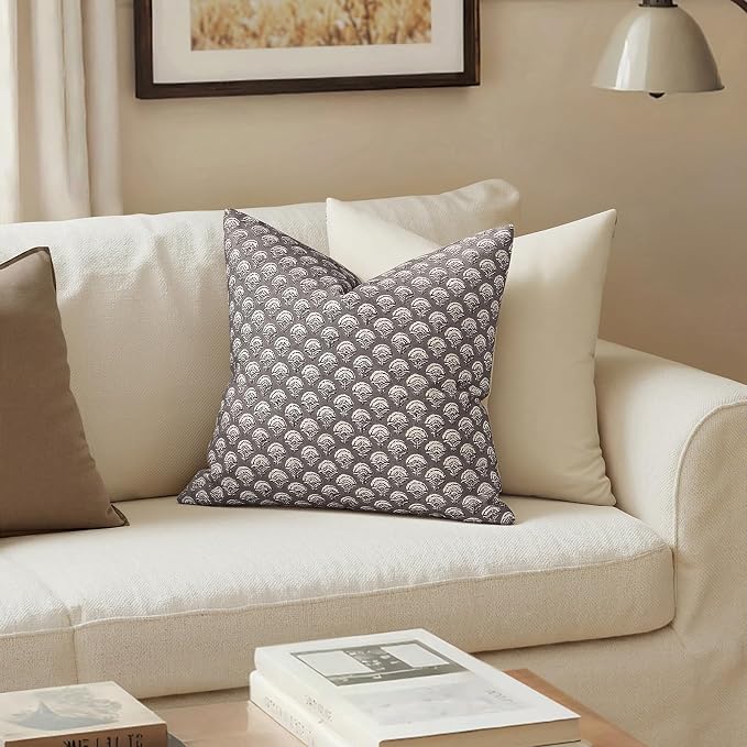 MIULEE Floral Print Decorative Euro Pillow Covers 22x22, Stone Grey | Vintage Boho Farmhouse Modern Home Decor, Set of 2, Block Print Cushion Covers for Couch Sofa Bed Living Room