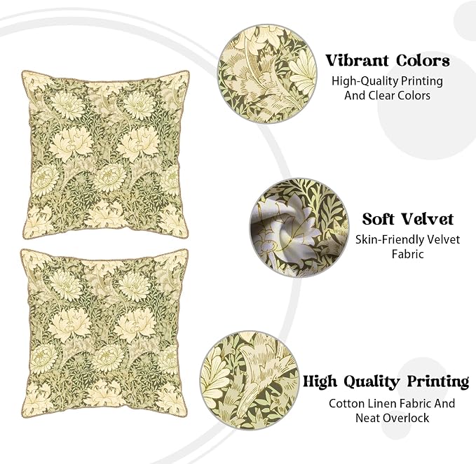 KSLIDS Vintage Green Flowers Soft Velvet Throw Pillow Covers Set of 2 Floral Plant Leaves Decorative Pillow Covers 18x18 Inch Chinoiserie Retro Pillow Case for Sofa Couch Bedroom Farmhouse Home Decor