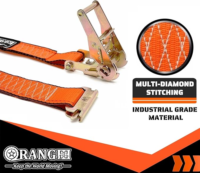 ORANGEE 4 Pack E Track Ratchet Strap 4500lb Breaking Strength for Container, Cargo Vans, Trailer Load Hi Visible Neon Orange Color