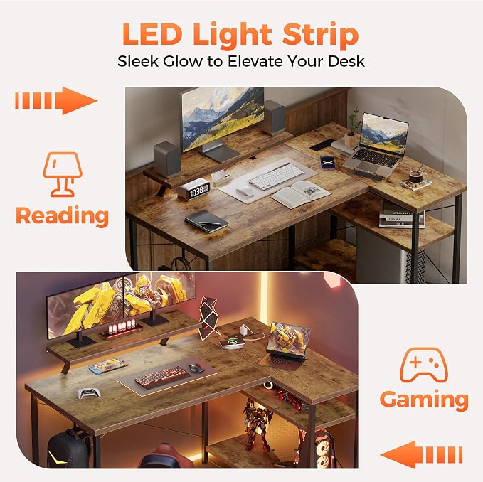 Mericonia 48 in Corner Desk with Monitor Stand, Small L Shaped Gaming Desk | Reversible Computer Desk with Power Outlets, LED Light & Storage Shelves, Office Table for Home Bedroom Study Work Writing