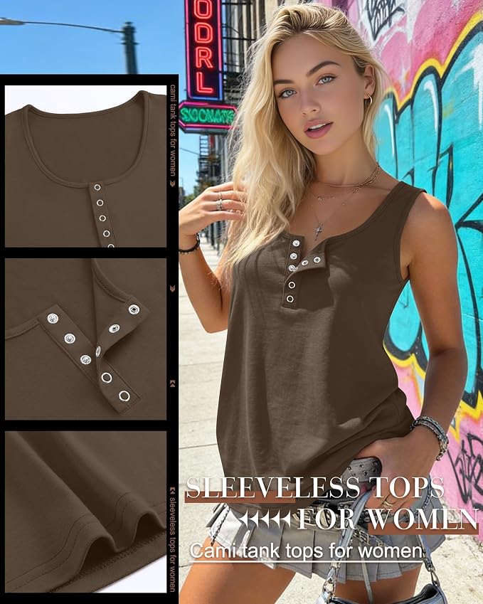 Ficerd 3 Pack Women's Henley Tank Tops Sleeveless Button Down Summer Shirts 2026 Casual Trendy Loose U Neck Tee Blouses
