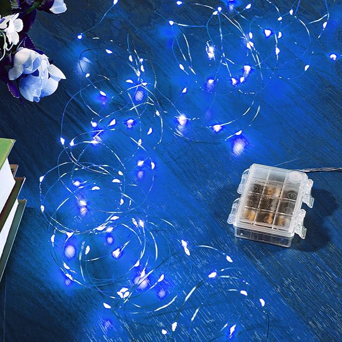 1 Pack 16.4 Ft. Battery Operated Outdoor String Lights with Remote & Timer, LED Blue Fairy Lights, Waterproof Twinkle Lights for Bedroom, Dorm, Mason Jar, Wedding, Party, Christmas