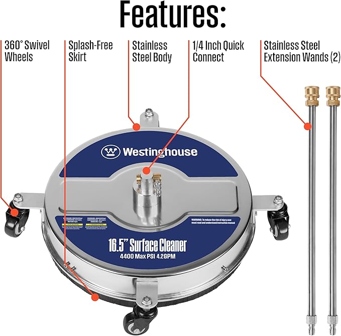 Westinghouse Universal 16.5” Pressure Washer Surface Cleaner Attachment - Stainless Steel - 4400 Max PSI, 1/4” Connector - for Gas and Electric Pressure Washers