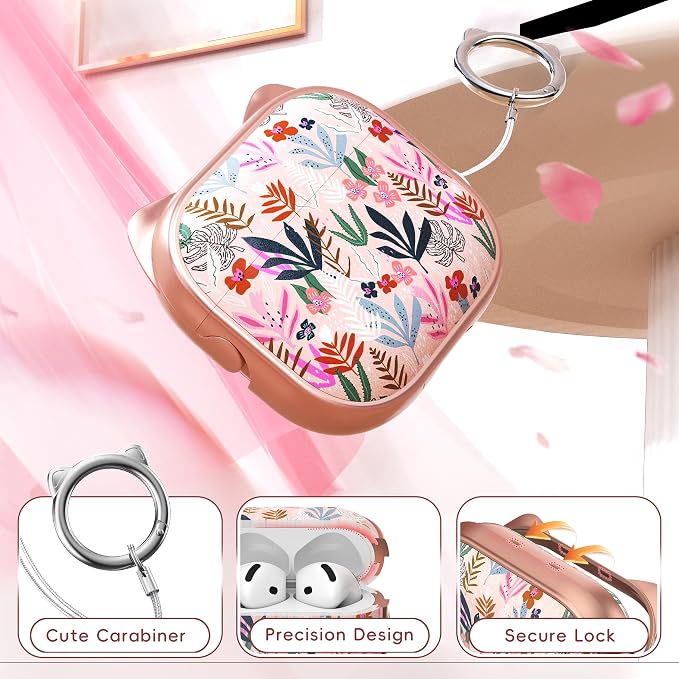 for AirPods 4 Case with Cleaning Kit, Cute Cat Ear Print Design & Cute Buckle, Inverted Phone Holder Design, Top Safe Lock Buckle Design, for Girls AirPods 4 case 2024, Rose Gold Leaves