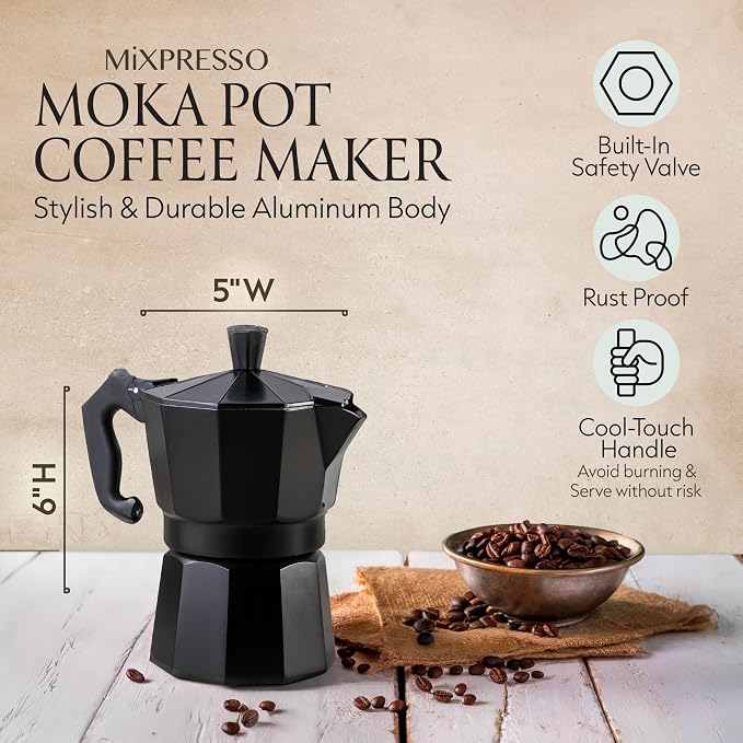 Mixpresso 3 Cup Moka Pot Stovetop Espresso Maker, Italian Cuban Coffee Pot | 5oz aluminum Italian coffee maker for gas and electric stovetops, small design for traditional espresso-style coffee at home