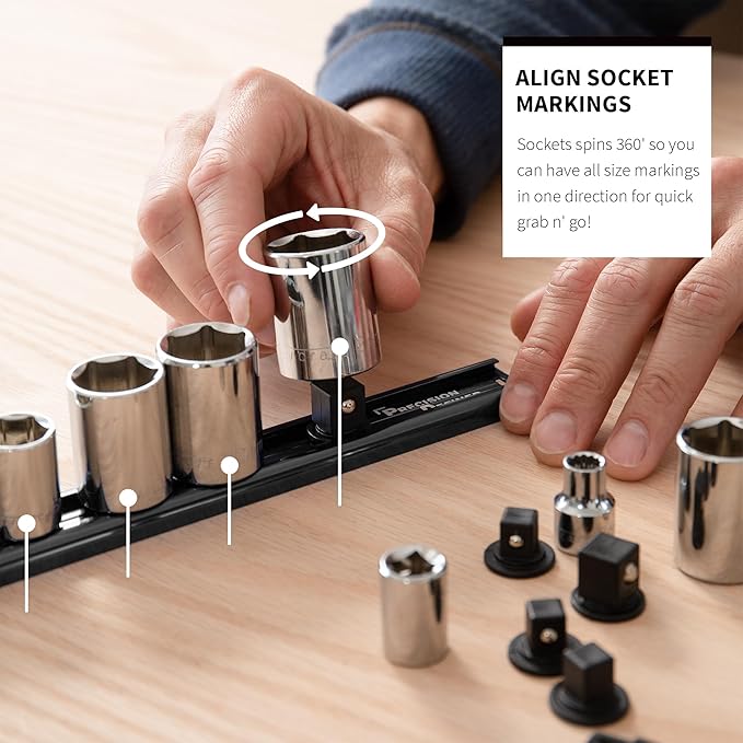 Precision Defined Aluminum Tool Socket Holder 3-Piece Set | Black, 1/4-Inch x 16 Clips, 3/8-Inch x 16 Clips, 1/2-Inch x 14 Clips | 360 Rotation - Heavy Duty Socket Rails Organizer, Socket Storage
