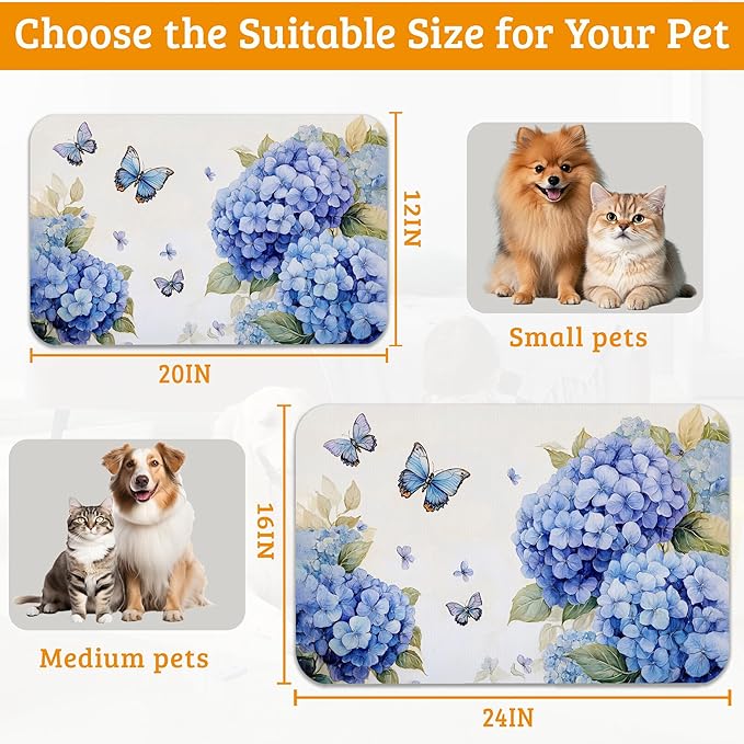 Pet Feeding Mat,Blue Hydrangea Absorbent Dog Cat Food Mat Butterfly Floral Dog Mat with Rubber Backing,Non-Slip Water Bowl Placemat,Pet Supplies 12" x 20"