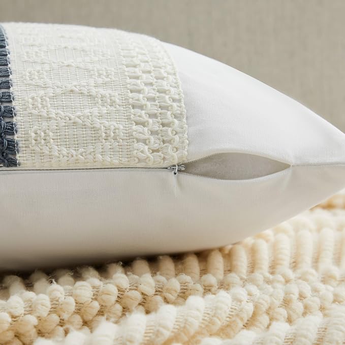2pk Boho Pillow Covers 22x22, Natural White/Contrast/Navy | 100% Organic Cotton Body, Stripe Embroidery, Farmhouse Decorative Cushion Covers for Sofa Bed Living Room Home Decor