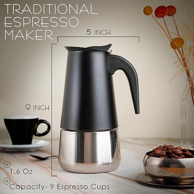 Mixpresso 9 Cup Greca Moka Pot, Stainless Steel Stovetop Espresso Maker | 450ml/15oz Italian stovetop coffee maker with classic percolator design, ideal for preparing coffee at home or while camping