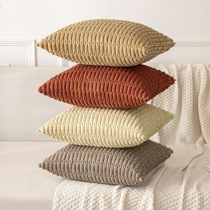 MIULEE Fall Pack of 2 Dark Rust Corduroy Decorative Pillow Covers 18x18 Inch Soft Boho Striped Throw Pillow Covers Modern Farmhouse Home Decor for Sofa Living Room Couch Bed