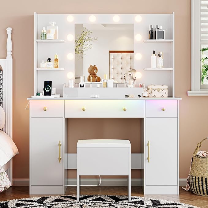 Vanity Desk with Mirror and Lights, 43'' White Makeup Dressing Table Set with 5 Drawers & Chair, Power Outlet, 3 Lighting Modes Adjustable Brightness & RGB LED for Women Girls Bedroom Bathroom