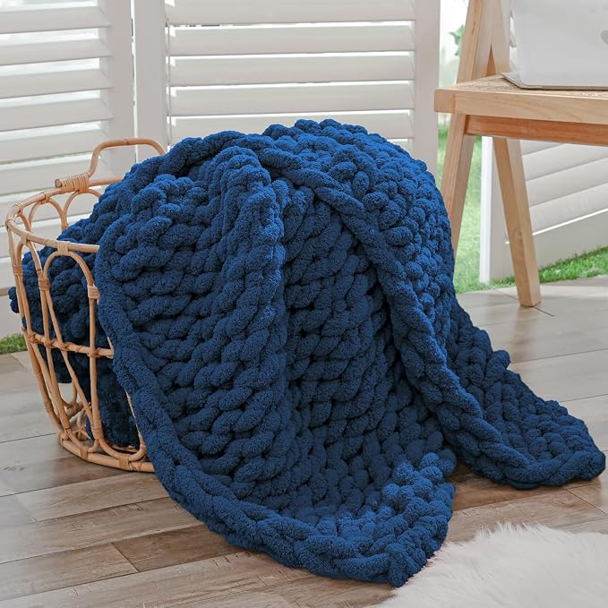 Bigacogo Chunky Knit Throw Blanket for Couch, 40x40 inches, Navy Blue | Hand Knit with Jumbo Chenille, Soft Breathable Cable Knit for Sofa Bed Living Room, Machine Washable, Gift for Mom Friend