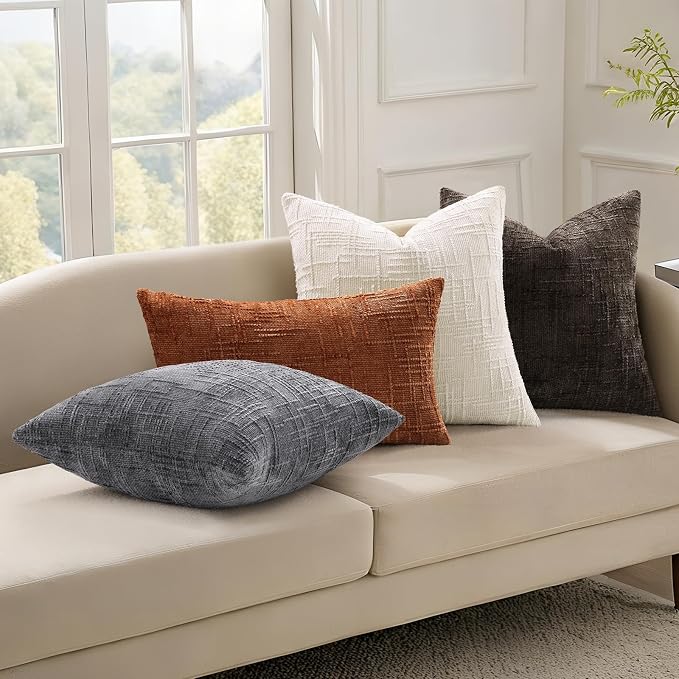 decorUhome Textured Chenille Throw Pillow Covers 12x20 Set of 2 Dark Grey | Fall Modern Farmhouse Soft Cozy Slubby Couch Pillow Cases Boho Decorative Pillow Cases for Bed Sofa Living Room Home Decor