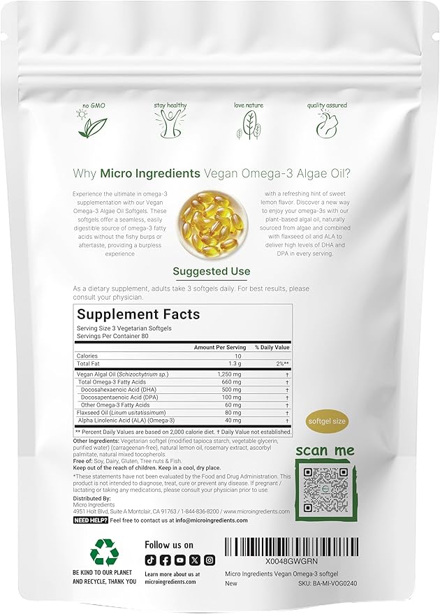 Micro Ingredients Oil of Oregano Softgels 300 Count & Vegan Omega 3 Algae Oil Supplement Bundle 2 Pack | Carvacrol & Thymoquinone | Full Spectrum Omega-3 Alternative