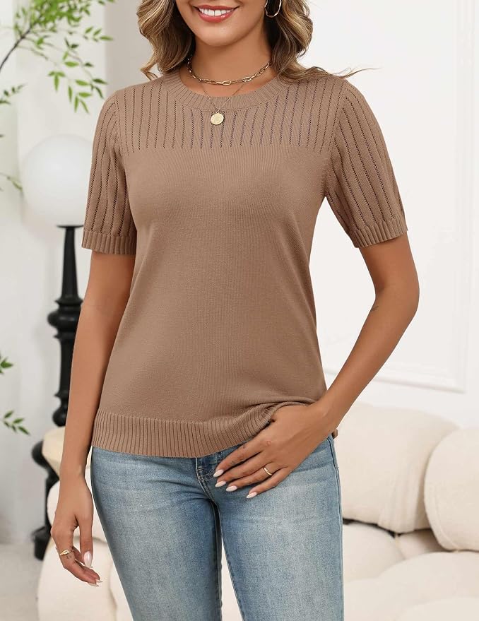 Zeagoo Women's Short Sleeve Sweater Tops 2026 Spring Summer Crew Neck Hollow Out Blouses Dressy Business Casual Outfits