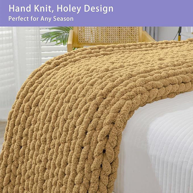 Bigacogo Chunky Knit Throw Blanket for Couch, 40x60 inches, Goldenrod | Hand Knit with Jumbo Chenille, Soft Breathable Cable Knit for Sofa Bed Living Room, Machine Washable, Gift for Mom Friend