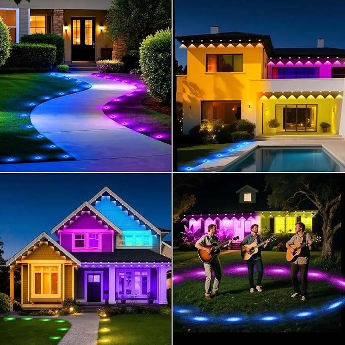 RGB Outdoor Ground Lights 50 FT, Permanent Outdoor Lights for House, Bluetooth Music Sync, IP67 Waterproof, Timer, Remote & App Control for Eaves,Landscape and Pathway Lights.