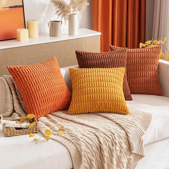 MIULEE Fall Pack of 2 Dark Rust Corduroy Decorative Pillow Covers 20x20 Inch Soft Boho Striped Throw Pillow Covers Modern Farmhouse Home Decor for Sofa Living Room Couch Bed