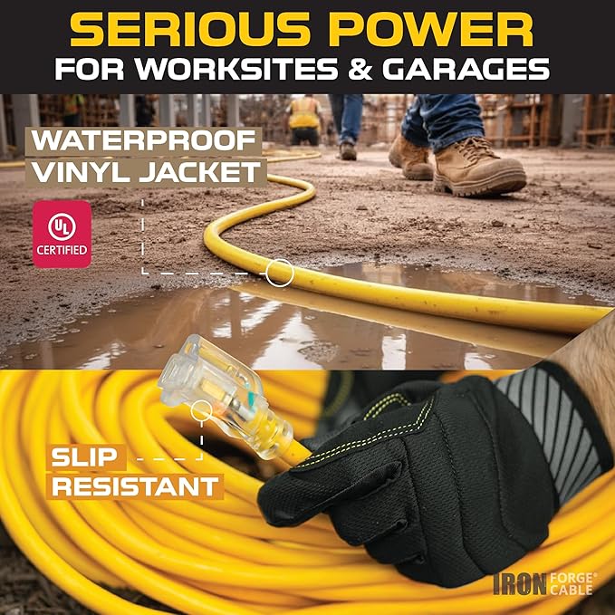 Iron Forge Cable 1 Foot Lighted Outdoor Extension Cord - 12/3 SJTW Heavy Duty Yellow Extension Cable with 3 Prong 15 AMP Grounded Plug for Safety