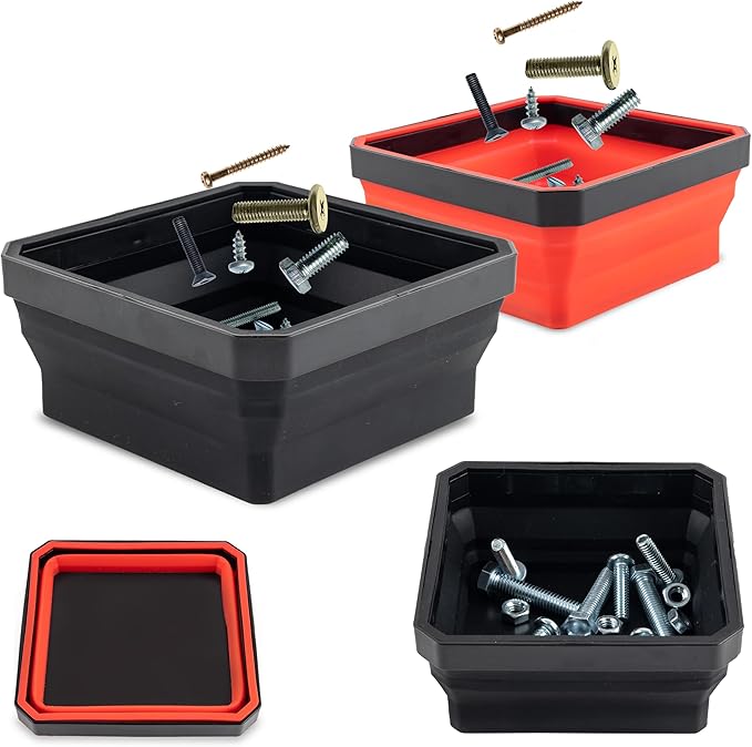 EHOMEA2Z Collapsible Magnetic Parts Tray Set, 4.5” Square Silicone Foldable Bowls With Magnetic Base, Ideal For Screws, Bolts, Nuts, Washers, Pins, And Small Metal Parts (Red/Black,2Pc)