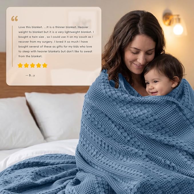 PHF 100% Cotton Waffle Weave Blanket Queen Size, Lightweight Breathable Summer Blanket for Hot Sleepers, Pre-Washed Soft Layer for Bed, Couch, Aesthetic Home Decor & Gift, 90"x90", Denim Blue
