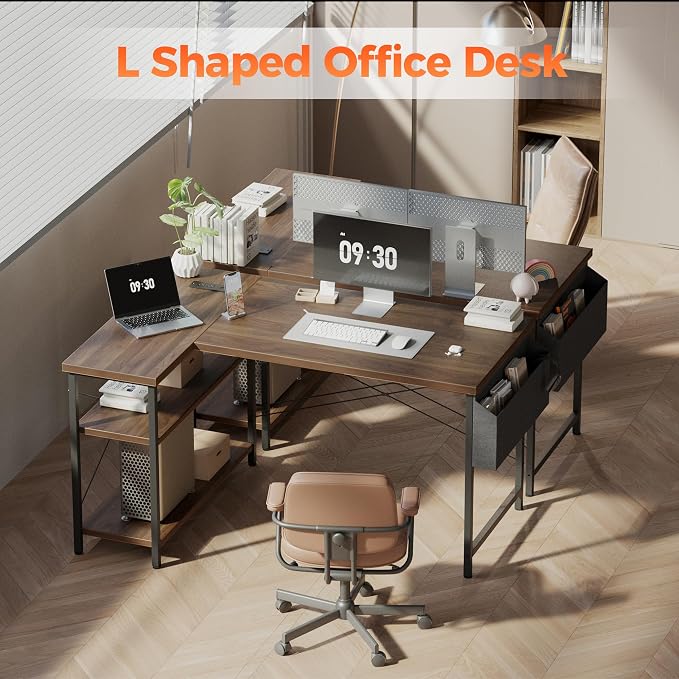 Mericonia 55 inch L Shaped Gaming Desk, Large Corner Desk with Shelves | Reversible Computer Desk with Power Outlets & Storage Bag, Office Table for Home Bedroom Study Work Writing