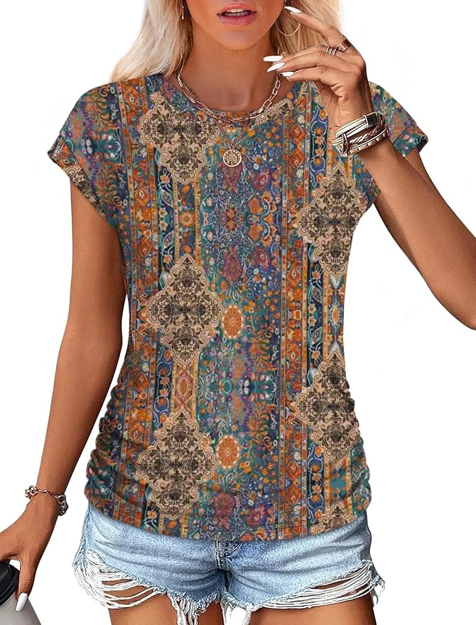 Sampeel Womens Summer Tops Trendy 2026 Ruched Cap Short Sleeve Tshirts Shirts Crew Neck T Shirts Fashion