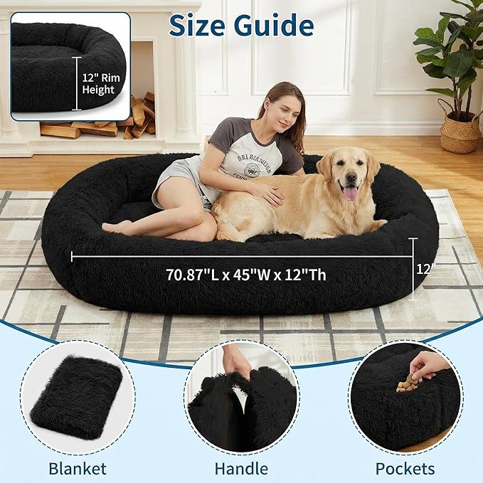 GarveeHome Human Sized Dog Bed, 71" x 45" x 12" Large Dog Bed with 2 Storage Pockets,Faux Fur Orthopedic Pet Bean Bed for Adults & Giant Pets - Khika
