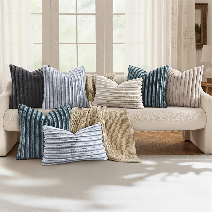 decorUhome Fall Faux Fur Throw Pillow Covers 20x20 Set of 2 Dark Grey | Decorative Soft Cozy Striped Plush Modern Farmhouse Boho Couch Pillow Cases Velvet Back for Sofa Bed Living Room Home Decor