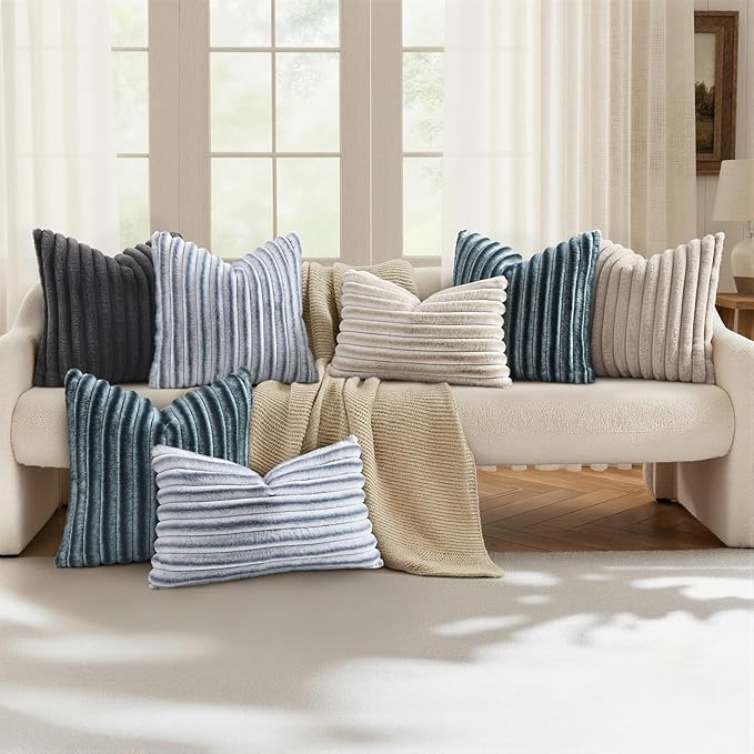 decorUhome Fall Faux Fur Throw Pillow Covers 24x24 Set of 2 Dark Grey | Decorative Soft Cozy Striped Plush Modern Farmhouse Boho Couch Pillow Cases Velvet Back for Sofa Bed Living Room Home Decor