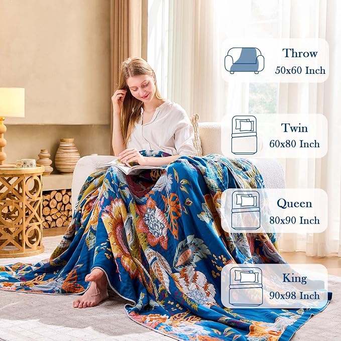 XIBLC Boho Throw Blanket, Blue Lightweight Blankets for Summer, 100% Cotton Bohemian Decorative Throw Blanket, 90"x98" Reversible Muslin Breathable Woven Farmhouse Blankets Quilt,
