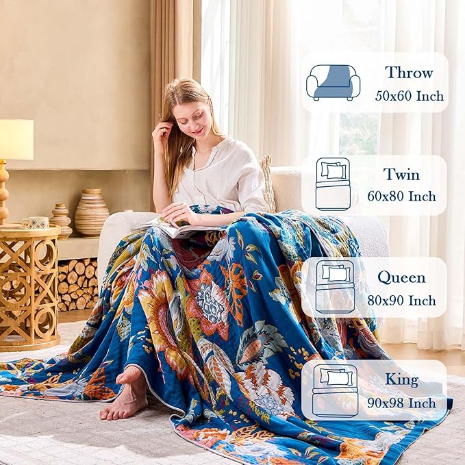 XIBLC Boho Throw Blanket, Blue Lightweight Blankets for Summer, 100% Cotton Bohemian Decorative Throw Blanket, 50"x60" Reversible Muslin Breathable Woven Farmhouse Blankets Quilt,
