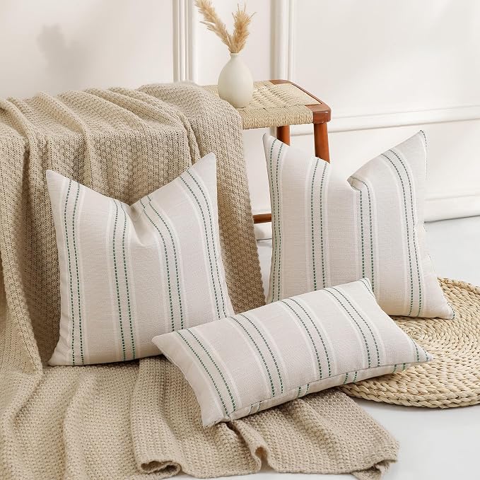 Hckot Stripe Throw Pillow Covers 12x24 Lumbar Sage Green Pillow Covers | Farmhouse Decorative Pillows Textured Linen Cushion Covers for Sofa Couch Bed Living Room Decor