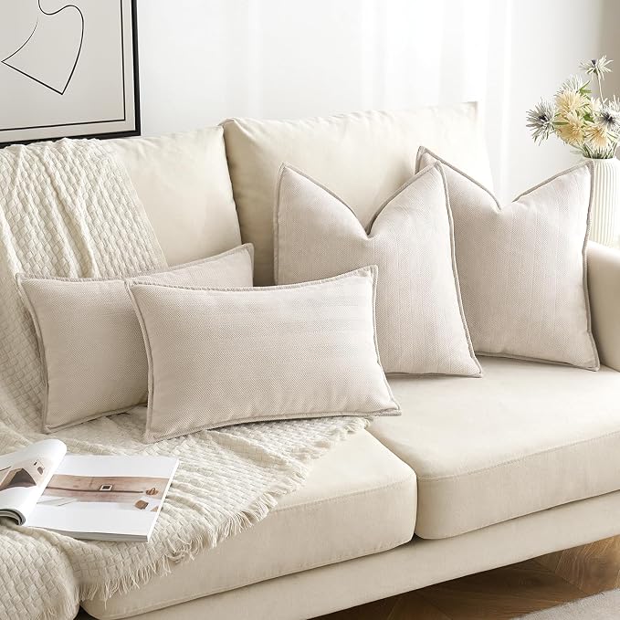 MIULEE Pack of 2 Cream Beige Euro Shams Chenille Pillow Covers 24x24 Inch | Decorative Soft Couch Throw Pillows,Farmhouse Cushion Covers,Elegant Design for Sofa,Bed,Living Room,Summer Decor