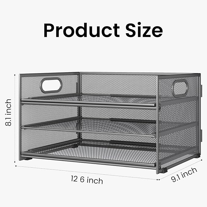 Subekyu 3 Tier Paper Letter Tray Organizer for Desk, Gray Metal Mesh Desk File Folder Sorter Organizer with Handle and Sliding Tray for Home, Office, School Supplies Organization Storage