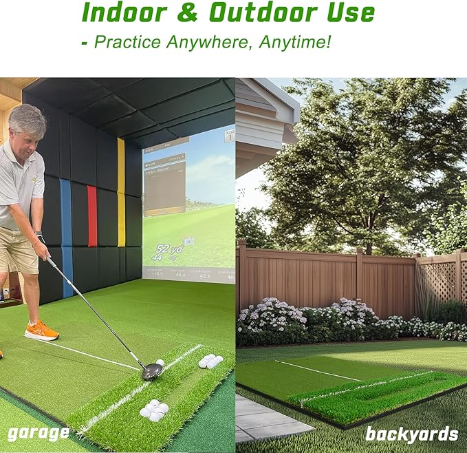 Dual-Turf 45/50MM Golf Hitting Mat, Built-in Ball Tray, Alignment Aid, Golf Mat Practice Outdoor & Indoor, Driving Chipping Putting in Backyard Garage Basement, Gift for Men Dad Golfer