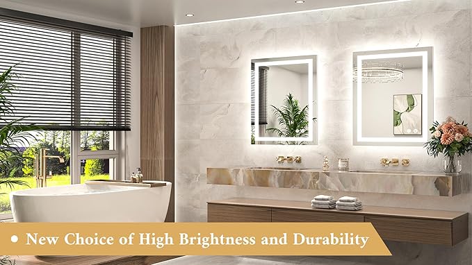 TETOTE LED Bathroom Mirror 24 x 30 Inch Lighted Bathroom Vanity Mirror with Lights, Brighter Frontlit and Backlit Light up Anti Fog Mirror, 3-Color Dimmable, Shatterproof Tempered Glass, Waterproof