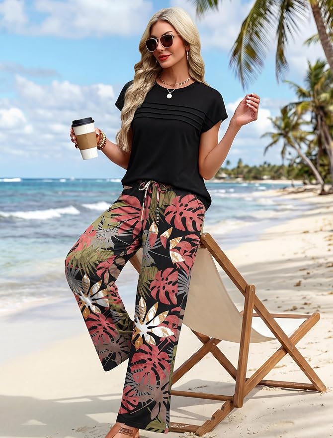 WIHOLL Two Piece Set for Women Summer Spring Outfits Matching Sets Women Clothing Airport Travel Vacation Wide Leg Pants