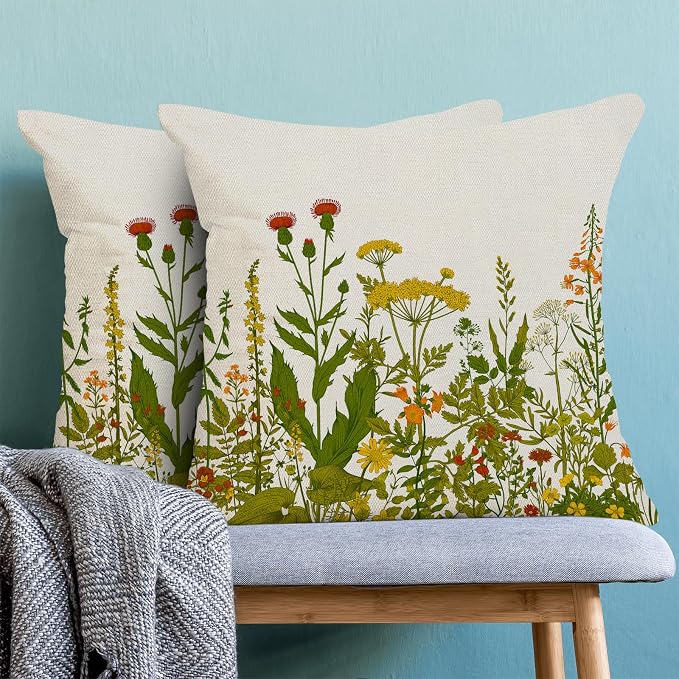 AEIOAE Yellow and Green Pillow Covers 20x20 Inch Set of 2, Spring Wildflower Plant Throw Pillows Case,Seasonal Floral Outdoor Decorative Flowers Farmhouse Decor Cushion Covers for Home Sofa Bed Couch
