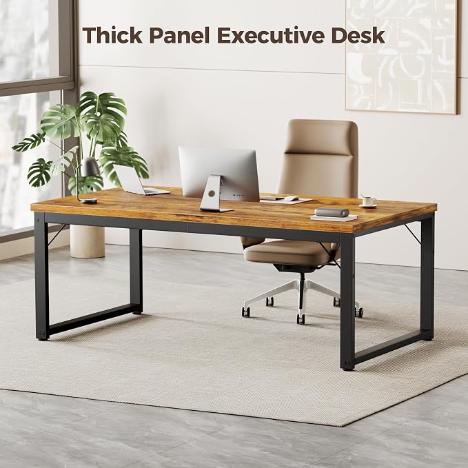 Mericonia 48 Inch Computer Desk, 1" Thick Small Office Table, Brown | Modern Simple Style, Heavy Duty Industrial Frame, Small Study & Writing Table for Home Bedroom Work